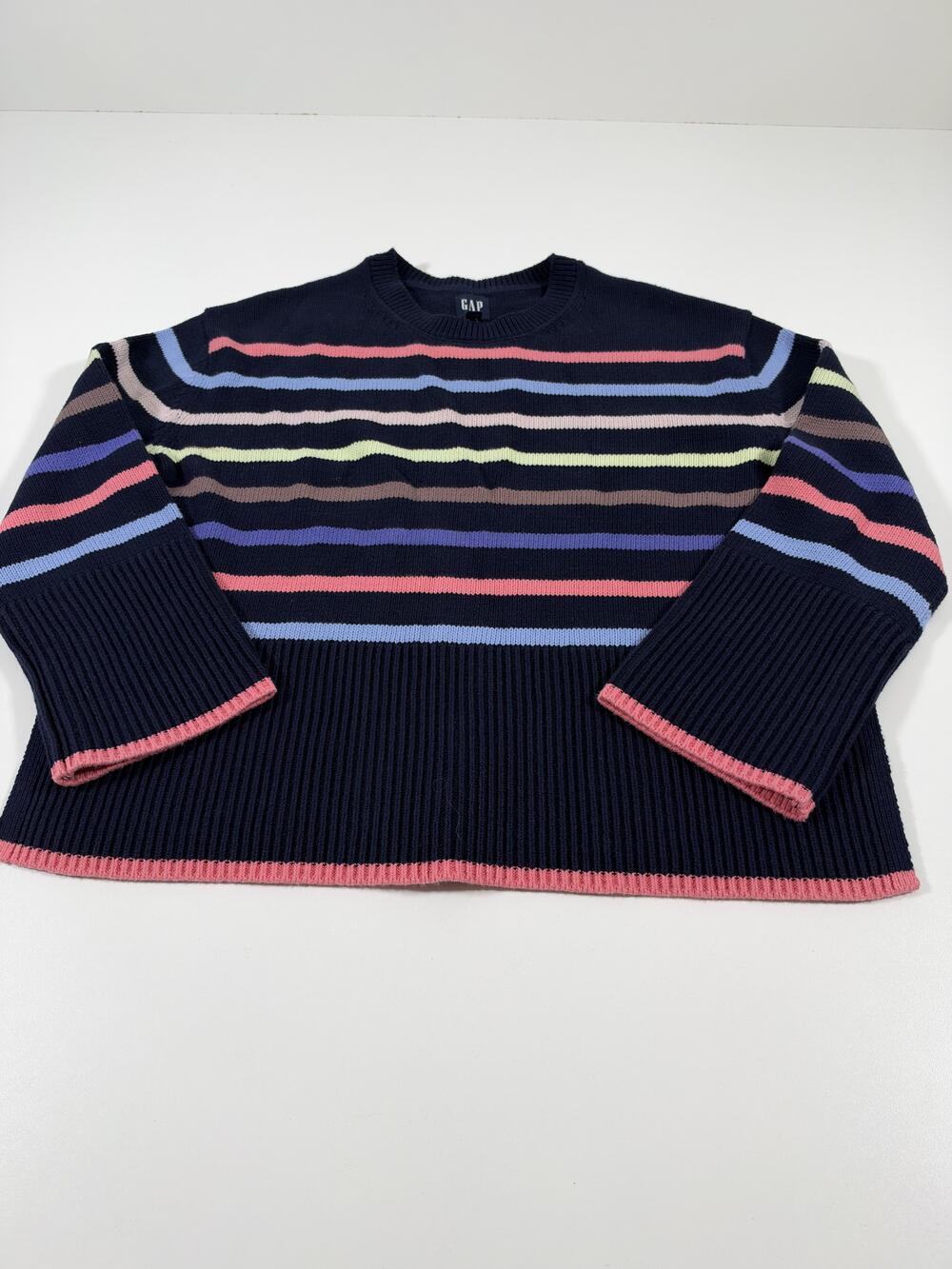 Gap Sweater Womens XS Navy Multicolor Stripe 100% Cotton Crewneck Knit Pullover